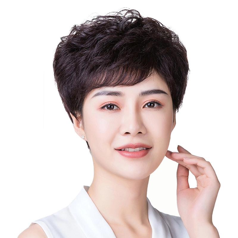 时影 假发 真发假发套 发妈妈假发女短发卷发 纹理头套遮白发增发量