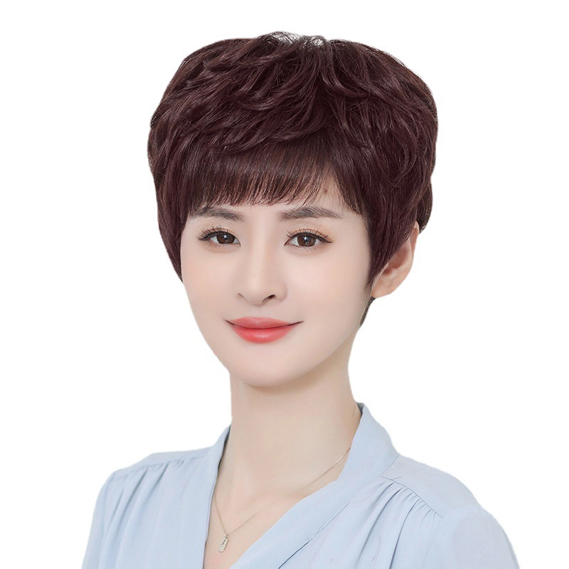 时影 假发 真发假发套 发妈妈假发女短发卷发 纹理头套遮白发增发量