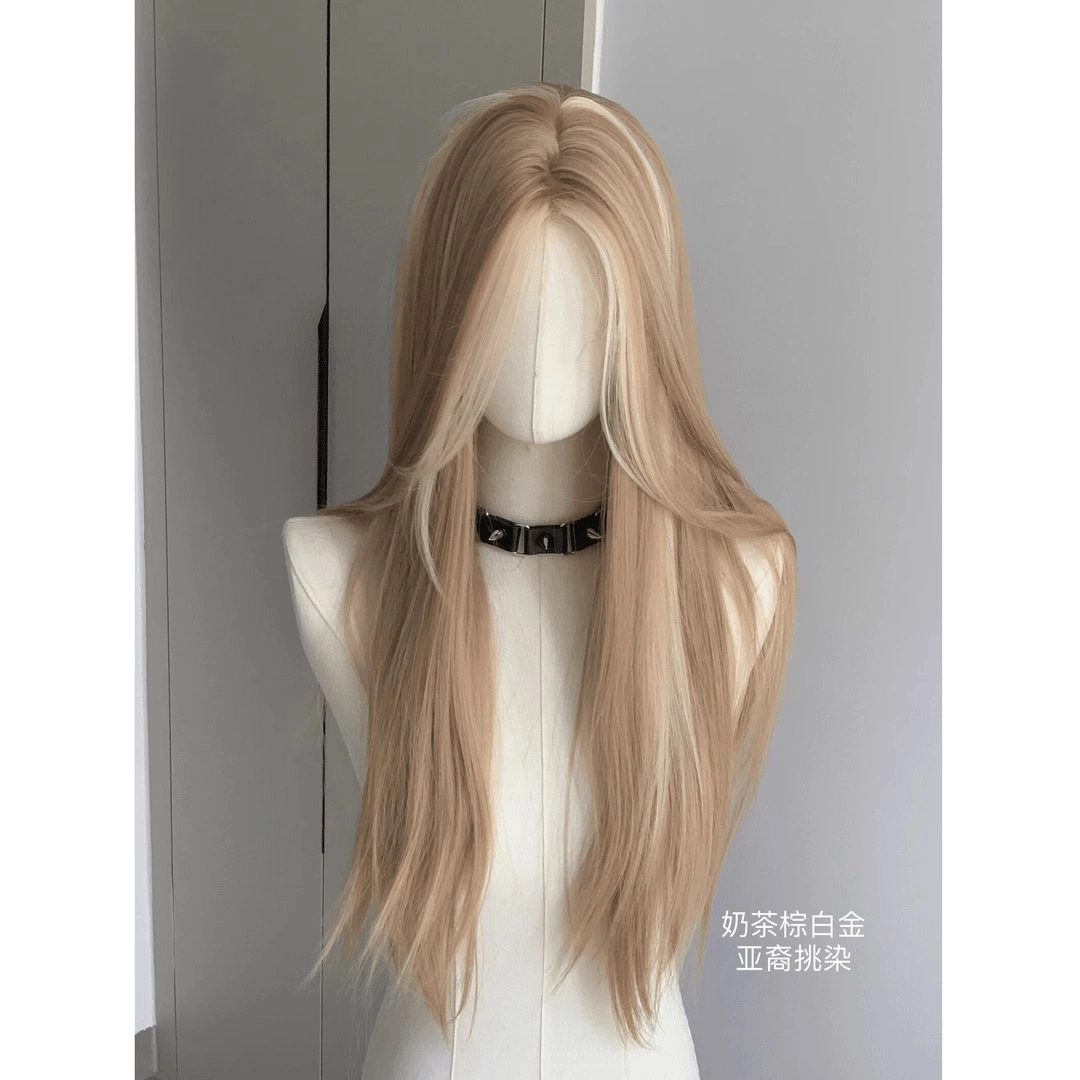 时影【亚裔美高】假发女  金棕刘海挑染渐变中分长直发 小额蕾丝美式辣妹