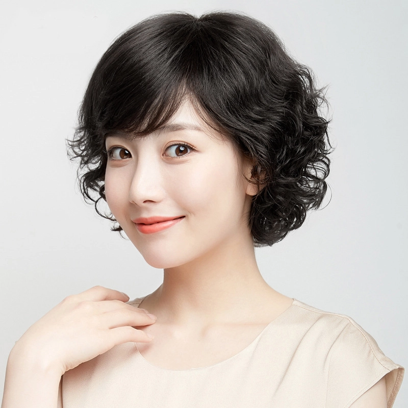 时影 假发 中老年妈妈发套小卷假发全真人发丝女全头套蓬松修脸短卷真人发丝假发套增发量遮白发