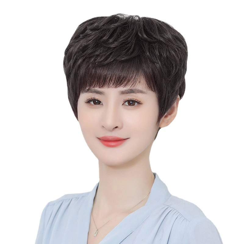 时影 假发 真发假发套 发妈妈假发女短发卷发 纹理头套遮白发增发量