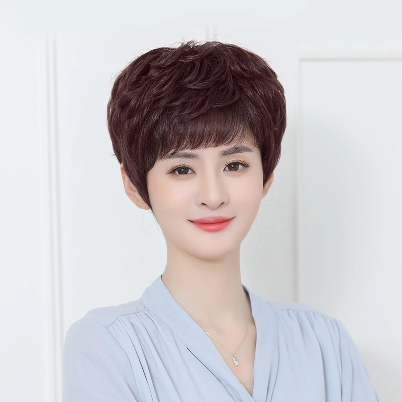 时影 假发 真发假发套 发妈妈假发女短发卷发 纹理头套遮白发增发量