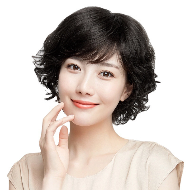 时影 假发 中老年妈妈发套小卷假发全真人发丝女全头套蓬松修脸短卷真人发丝假发套增发量遮白发