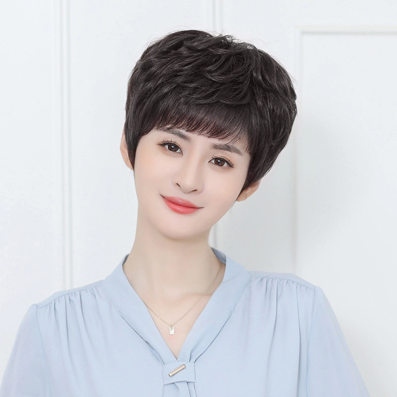 时影 假发 真发假发套 发妈妈假发女短发卷发 纹理头套遮白发增发量