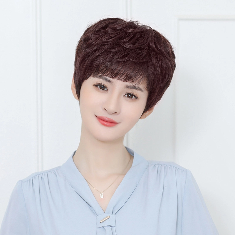 时影 假发 真发假发套 发妈妈假发女短发卷发 纹理头套遮白发增发量