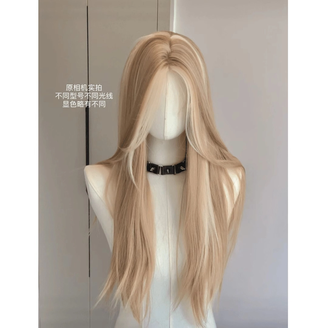 时影【亚裔美高】假发女  金棕刘海挑染渐变中分长直发 小额蕾丝美式辣妹