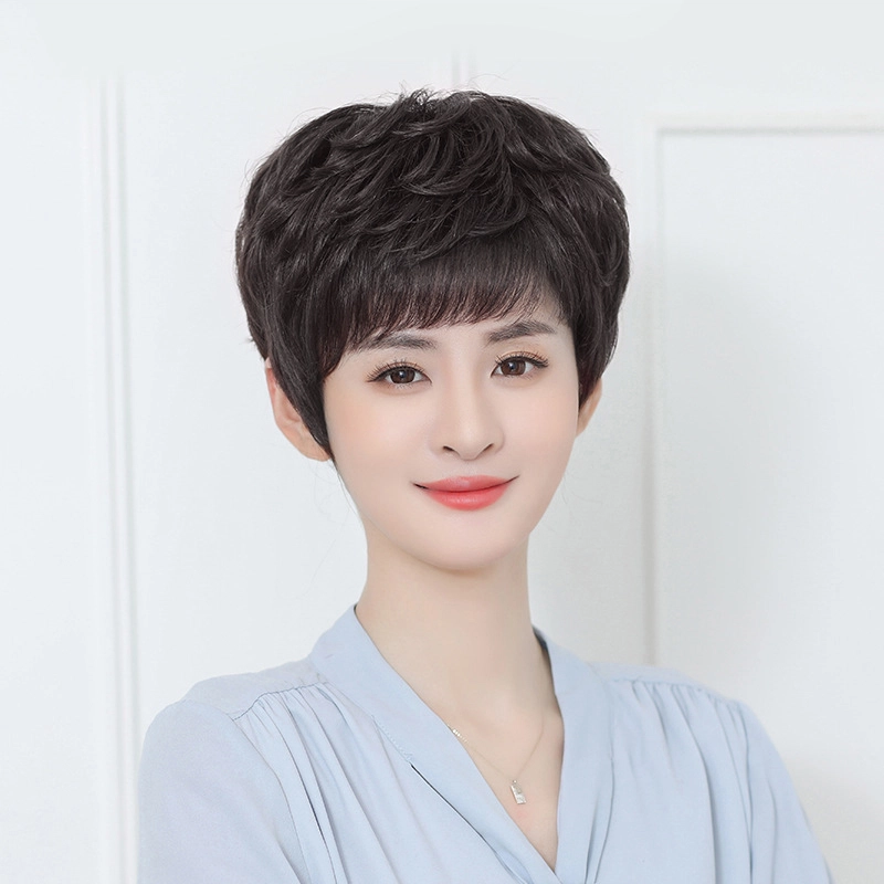 时影 假发 真发假发套 发妈妈假发女短发卷发 纹理头套遮白发增发量