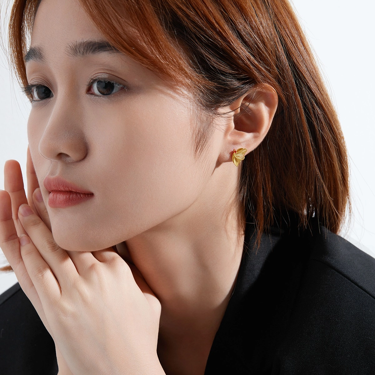 世纪缘珠宝 古法金花丝蝴蝶耳饰 足金 按克计价 黄金耳钉 女款