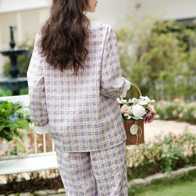 芬腾 薄款格子长袖长裤可外穿甜美春秋季睡衣套装 女款