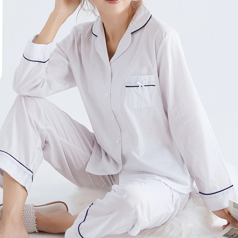 芬腾 纯棉长袖开衫睡衣 春秋季纯色家居服套装 女士