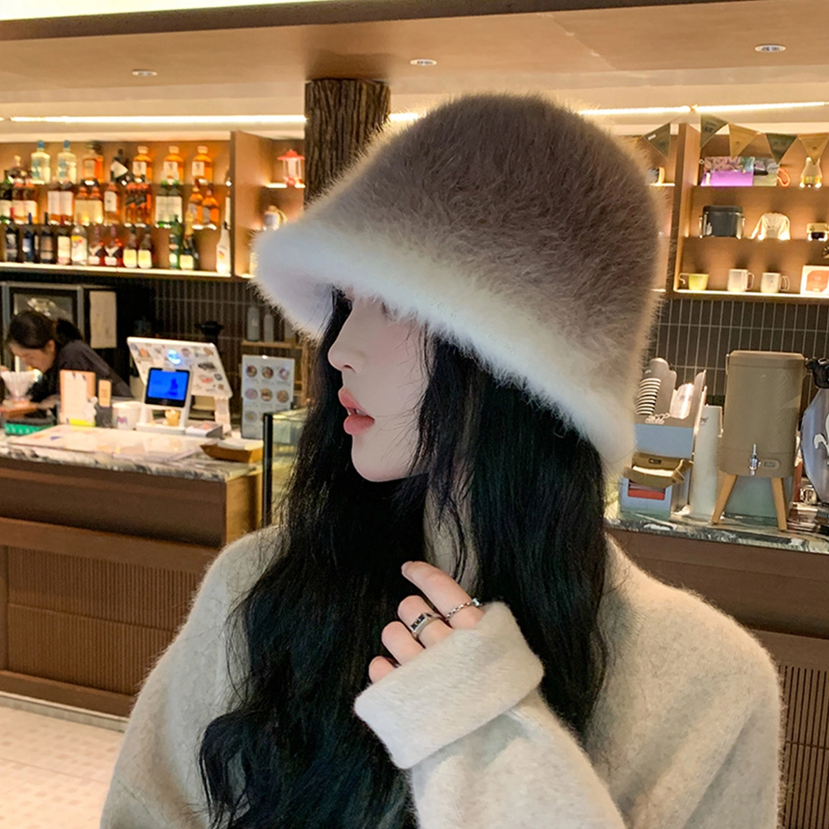 微笑鲨 加厚防寒大头围显脸小盆帽毛绒帽冬季保暖 兔毛混纺 渔夫帽 女款
