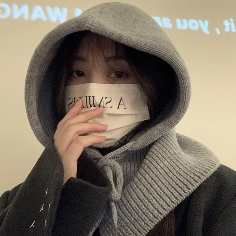 微笑鲨 冬季保暖护耳一体针织帽纯色连帽 涤纶 帽子 女款
