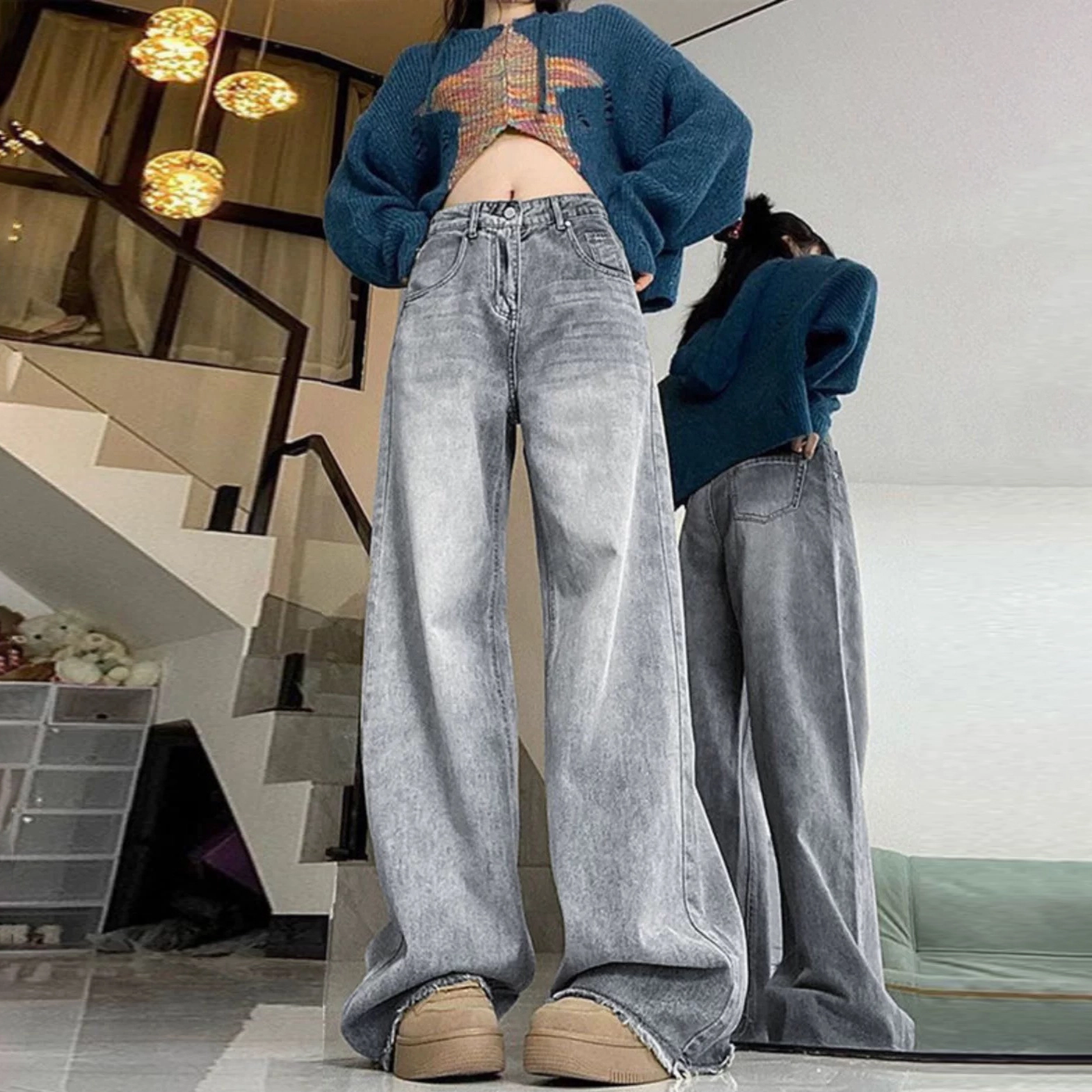 玉儿恋 美式复古加绒加厚高腰垂感百搭拖地裤牛仔裤 女款