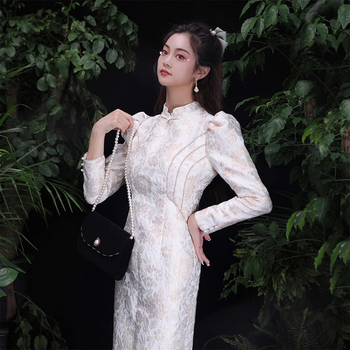 槿爷东方 新中式提花长袖旗袍 女款 白色