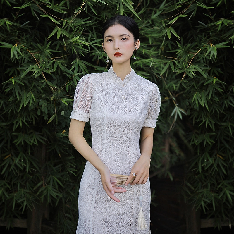 槿爷东方 古漫复古蕾丝泡泡袖旗袍 女款 珍珠白
