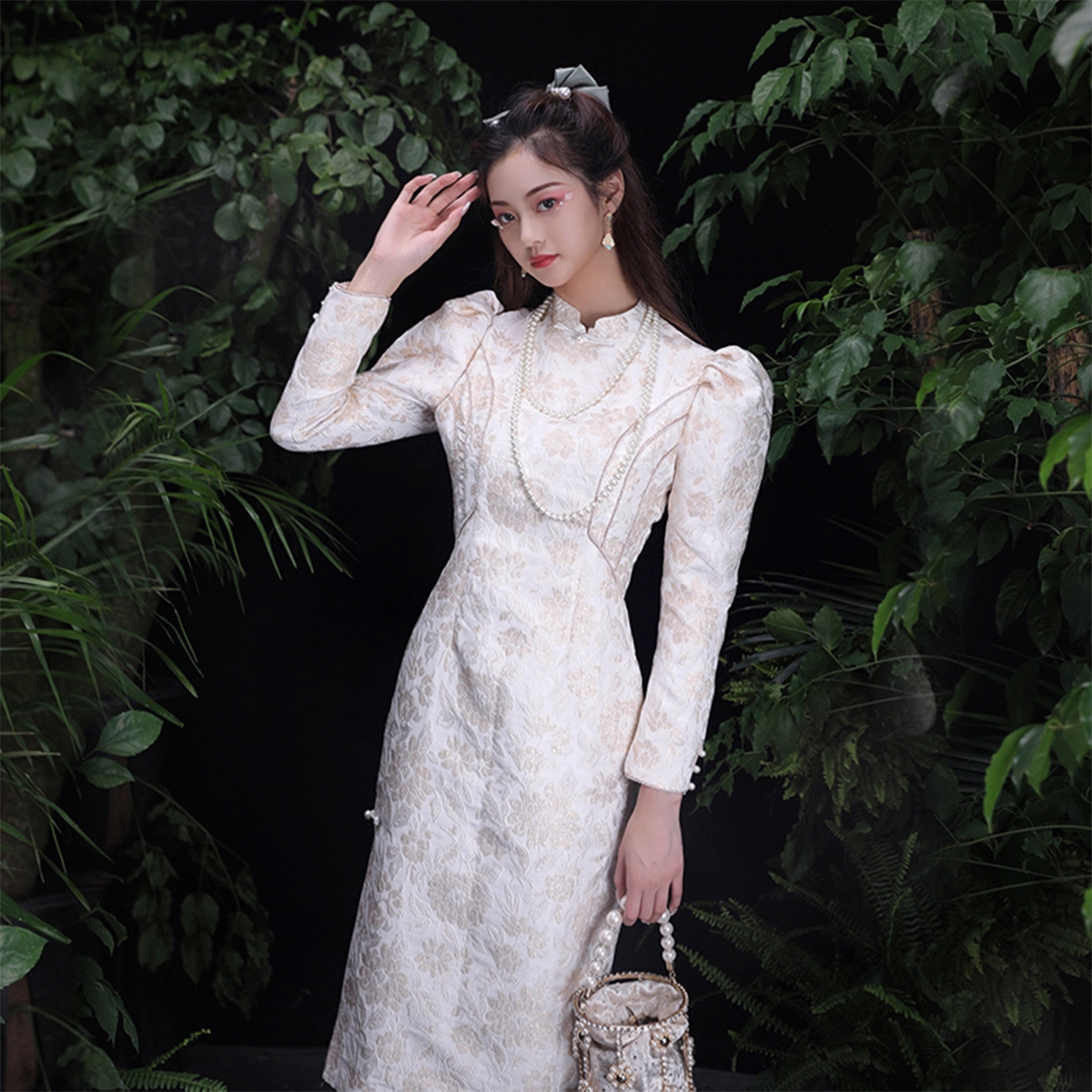 槿爷东方 新中式提花长袖旗袍 女款 白色