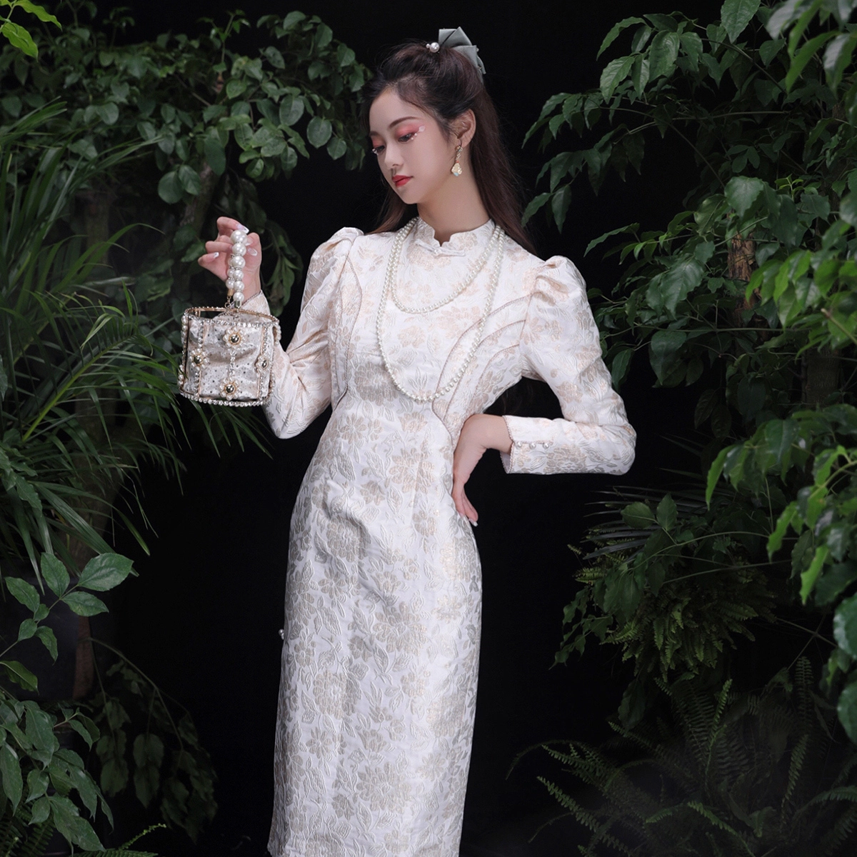槿爷东方 新中式提花长袖旗袍 女款 白色