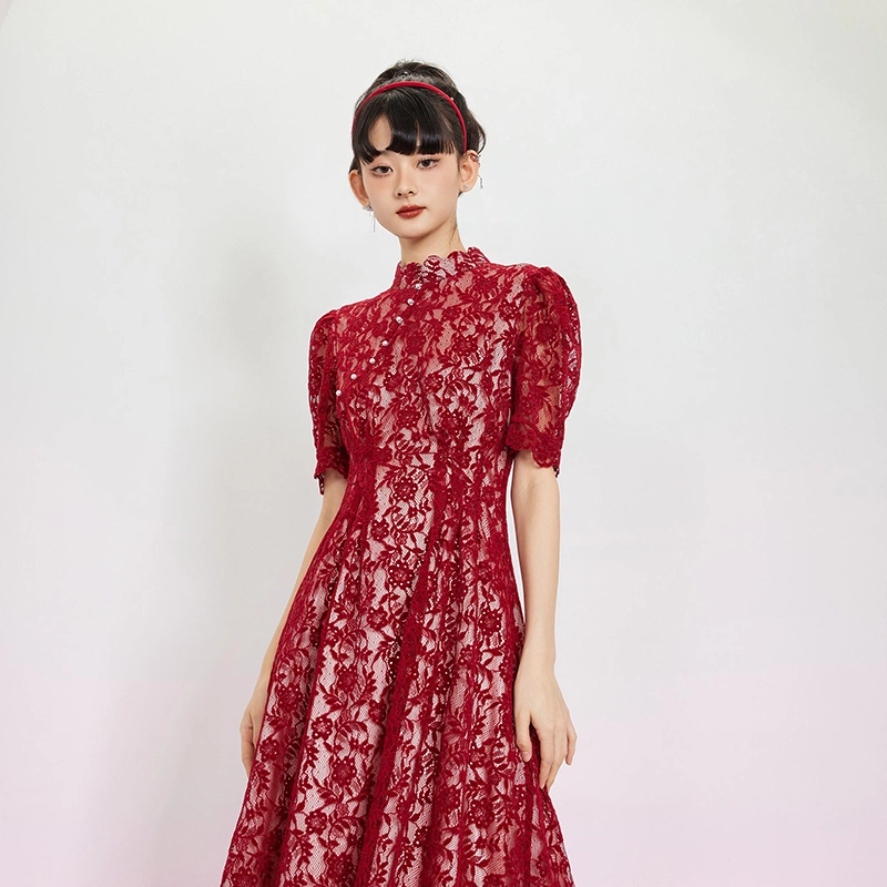 槿爷东方 花色蕾丝短袖旗袍 女款 酒红色