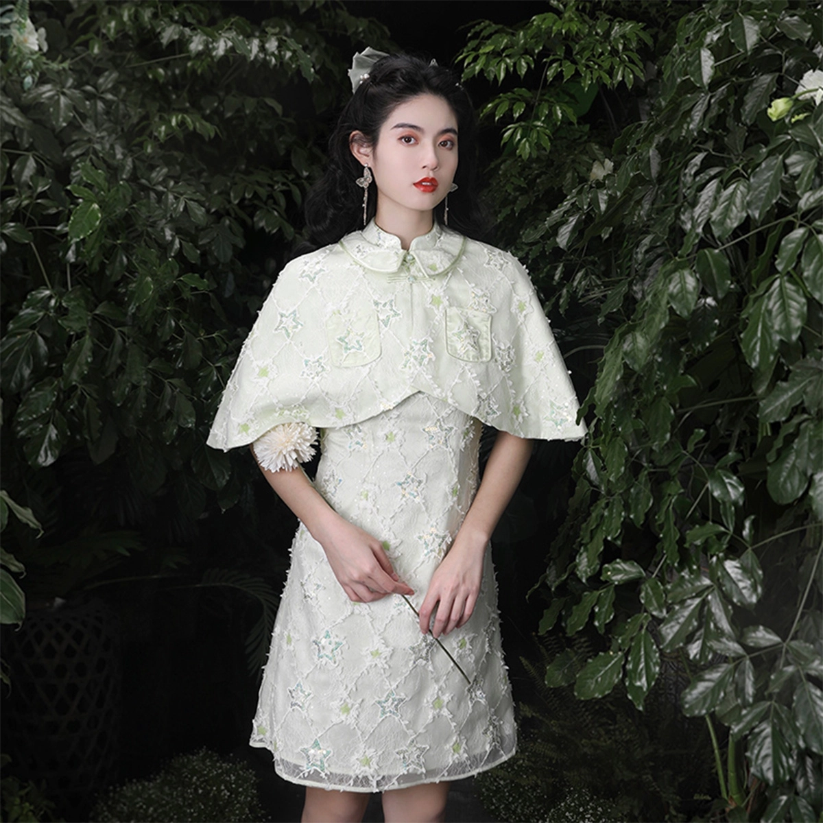槿爷东方 馨绿 刺绣网纱纯色短款短袖连衣裙斗篷分体套装 女款 果绿色