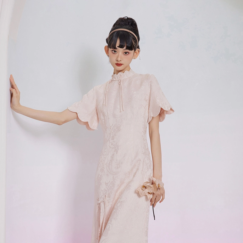 槿爷东方 纯色开叉短袖旗袍 杏粉色