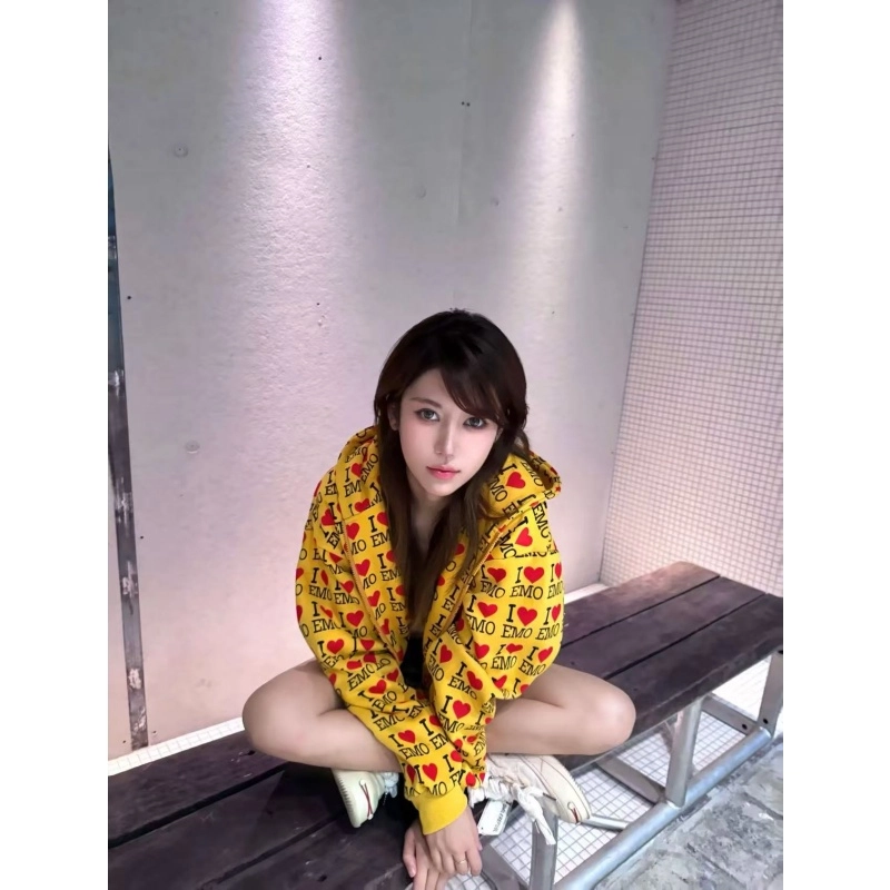 悍戈 美式复古小众设计感爱心字母满印连帽开衫短款保暖外套卫衣 男女同款