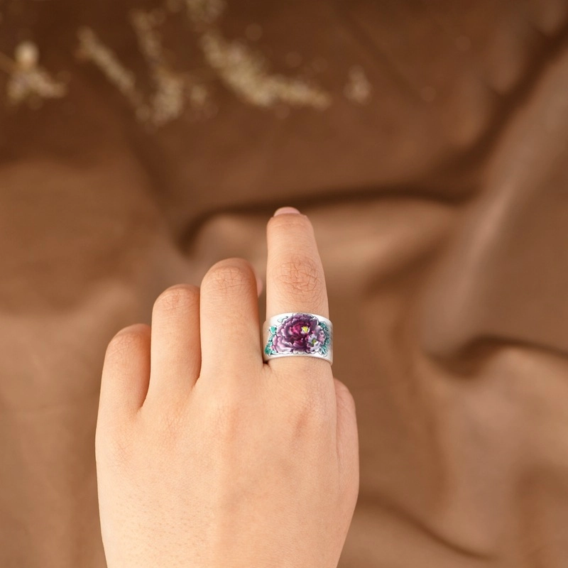 金鹿王 宽版磨砂景泰蓝牡丹花复古戒可调节指环 足银 戒指 女款