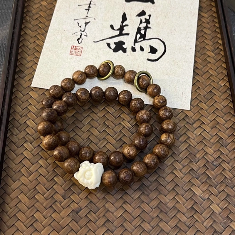玉临门 新中式 醒狮双圈叠戴国潮复古 檀木 木作手串 男女同款情侣款 金丝檀木