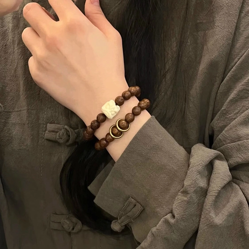 玉临门 新中式 醒狮双圈叠戴国潮复古 檀木 木作手串 男女同款情侣款 金丝檀木