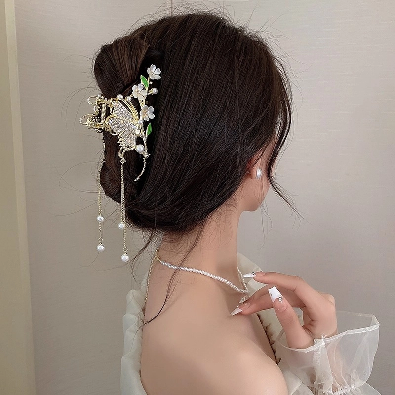 建禄 高级感流苏蝴蝶花朵简约抓夹小清新小众鲨鱼夹设计优雅发饰气质通勤百搭#好运 合金 发夹 女款