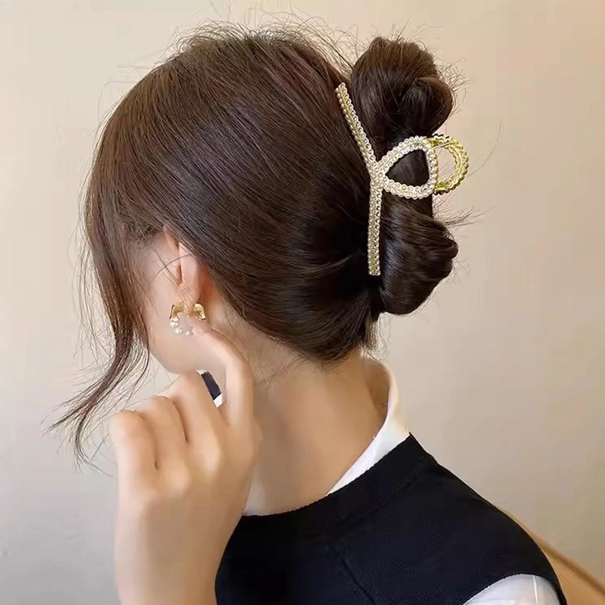 建禄 高级感小珠子交叉大号简约盘发后脑勺半扎发小清新小众设计优雅气质通勤百搭 合金 发夹 女款
