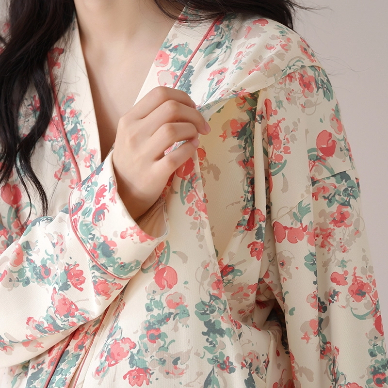 莫代尔 清新春秋一体式带杯垫气质简约花色月子家居服睡衣套装 女款