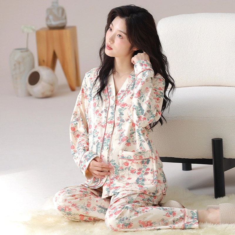 莫代尔 清新春秋一体式带杯垫气质简约花色月子家居服睡衣套装 女款