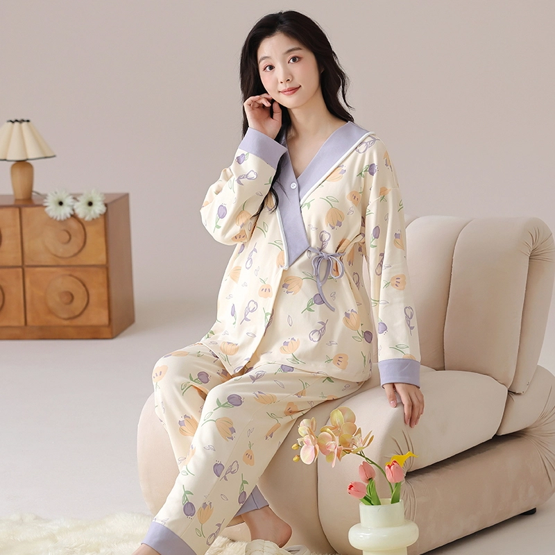 莫代尔 清新春秋一体式气质简约带杯垫月子家居服睡衣套装 女款