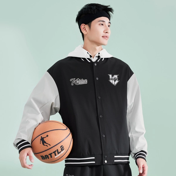 乔丹 拼色单排扣长袖休闲运动棒球服 男款 黑色/浅苔灰