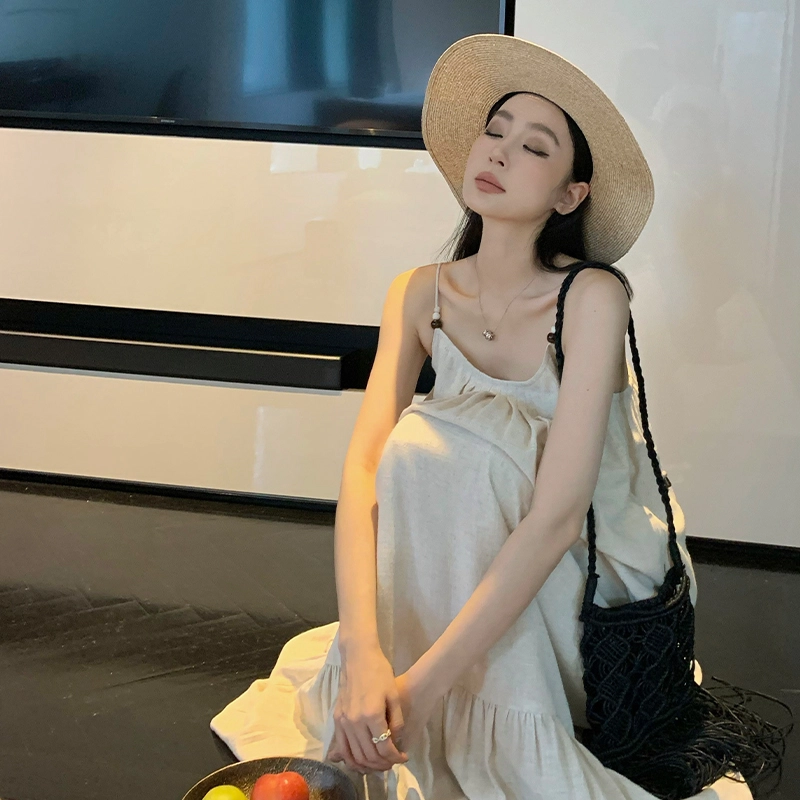 周淼 法式纯色套头长款串珠肩带压褶吊带连衣裙 女款