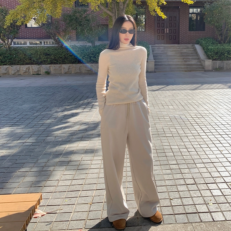 周淼 纯色抽绳高腰宽松直筒抓绒阔腿休闲裤 女款