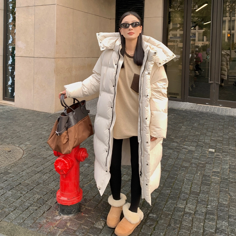 周淼 可拆卸连帽白鸭绒加厚宽松中长款外套羽绒服 女款