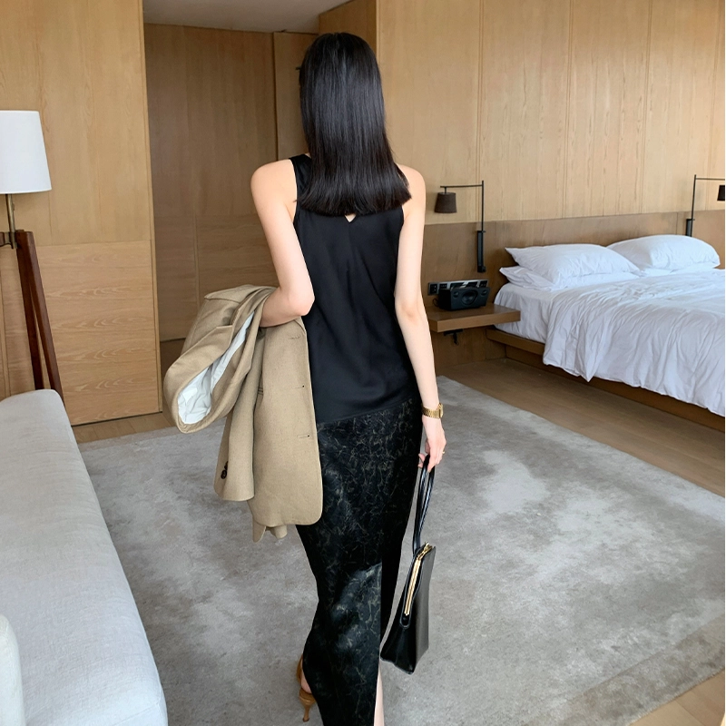 周淼 不规则褶皱印花新中式半身休闲长裙 女款 黑色
