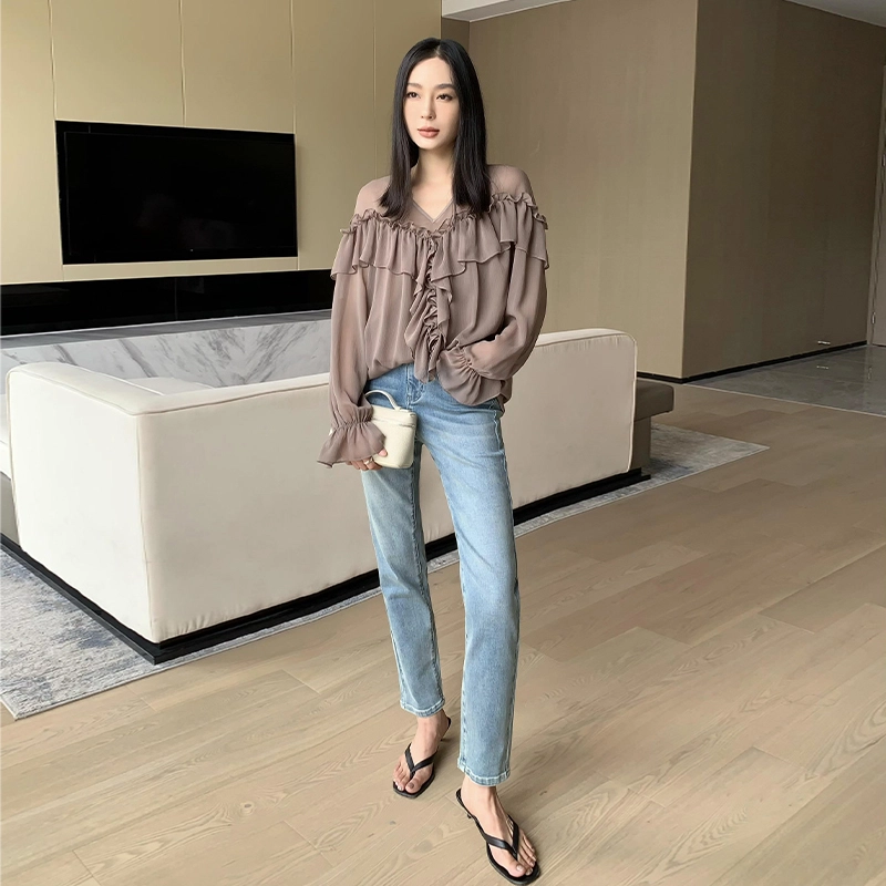 周淼 高腰水洗小脚九分牛仔裤 女款 微风蓝