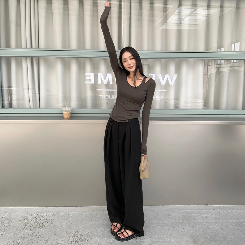 周淼 纯色褶宽松阔腿休闲裤 女款