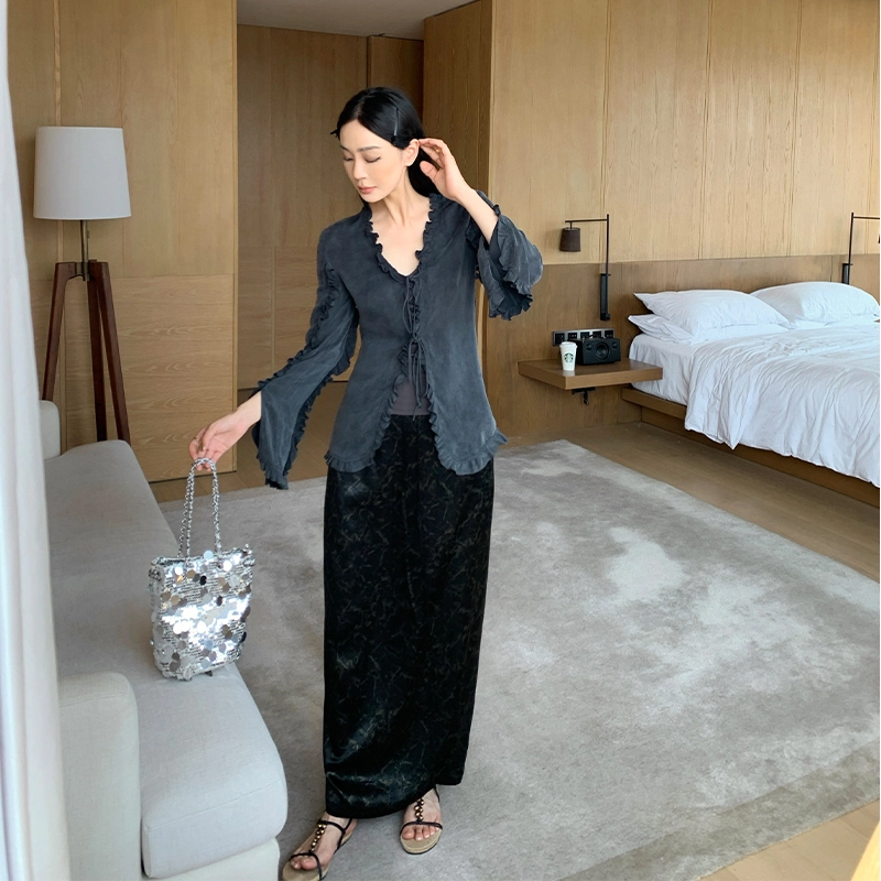 周淼 不规则褶皱印花新中式半身休闲长裙 女款 黑色