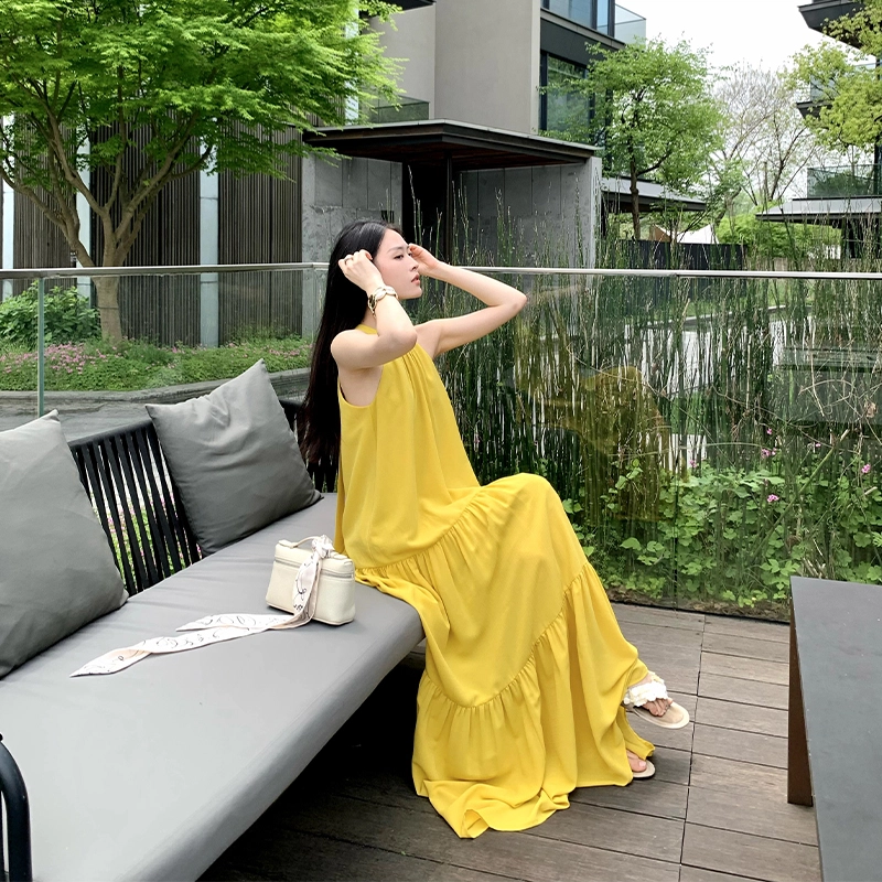 周淼 植物花卉圆领长款无袖连衣裙 女款