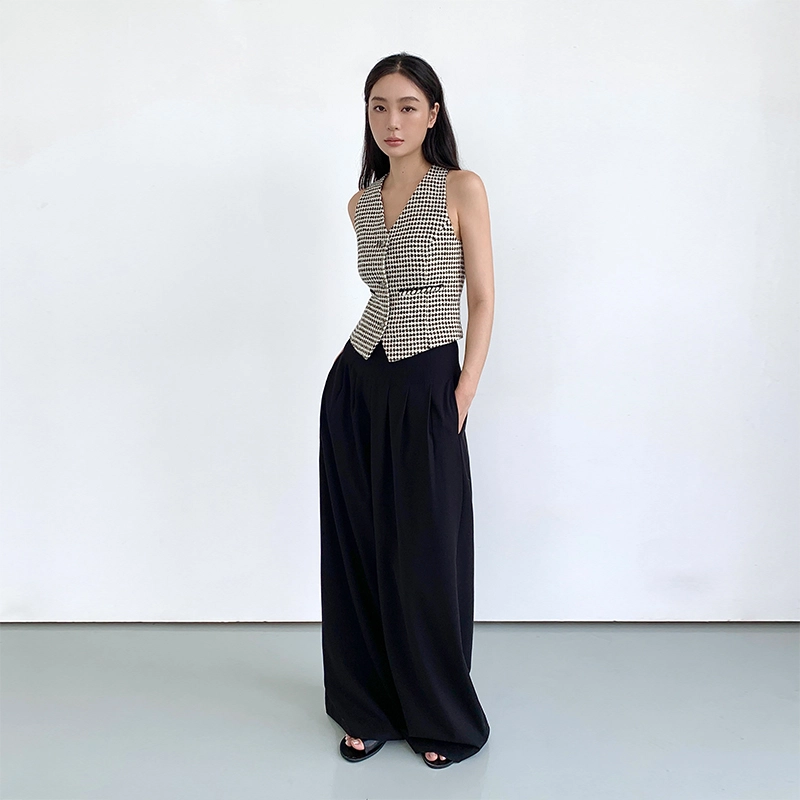 周淼 含羊毛梭织面料高腰直筒宽松休闲裤 女款