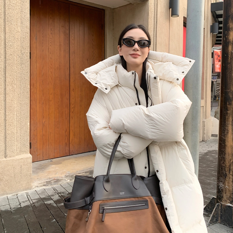 周淼 可拆卸连帽白鸭绒加厚宽松中长款外套羽绒服 女款