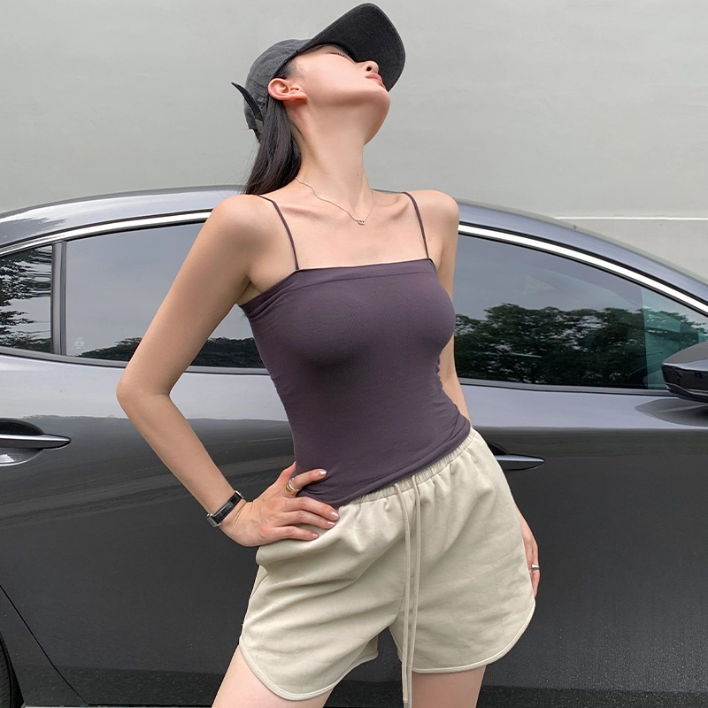 周淼 纯色格子绗线抽绳系带休闲短裤 女款