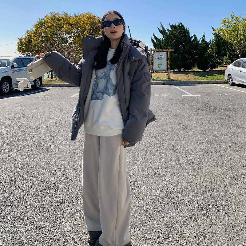 周淼 纯色抽绳高腰宽松直筒抓绒阔腿休闲裤 女款