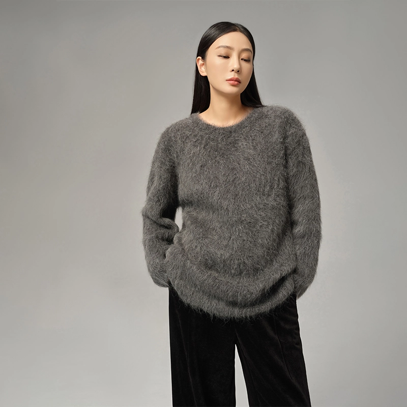 周淼 后背猫头提花圆领套头针织毛衣 女款 深灰色