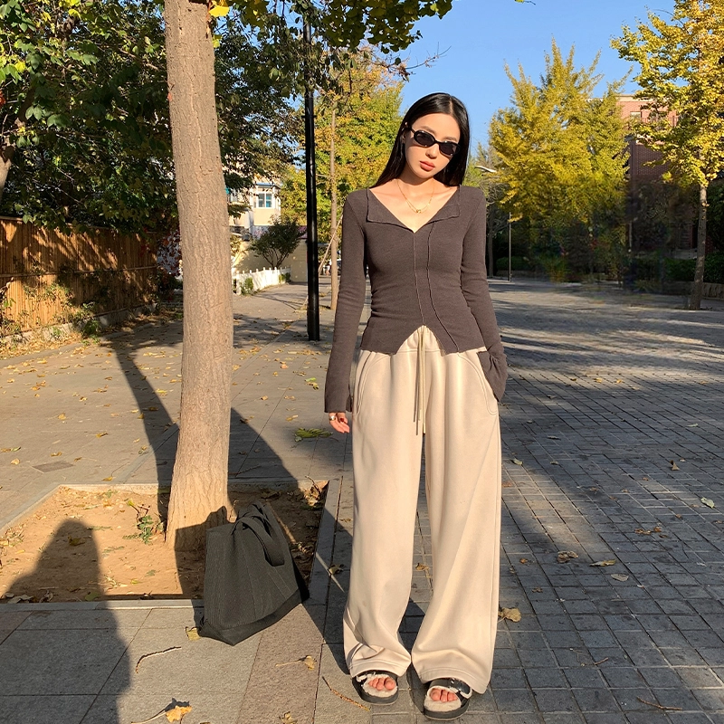 周淼 纯色抽绳高腰宽松直筒抓绒阔腿休闲裤 女款