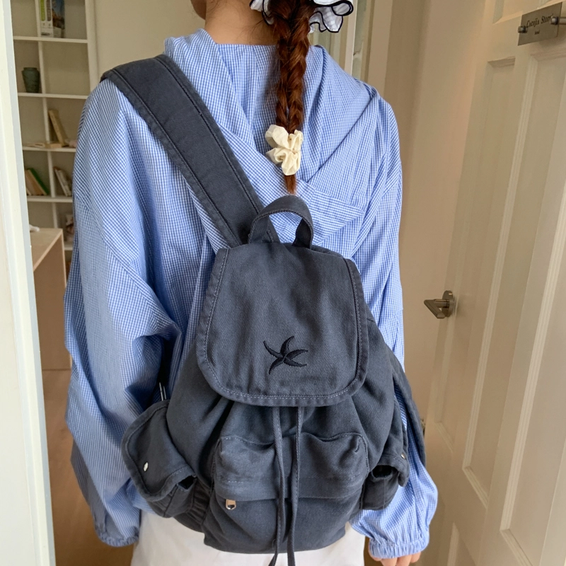 笛贝嘉 日系复古原宿抽绳大容量背包学生书包通勤百搭简约 帆布 双肩包 男女同款情侣款 黑色/灰色