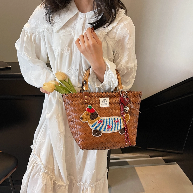 笛贝嘉 小众可爱设计感菜篮子竹节可爱小狗重工 草编 手提包 女款 多色